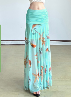 WEEKEEP 海岛度假风海星印花褶皱网纱半身裙低腰宽松飘逸A摆长裙