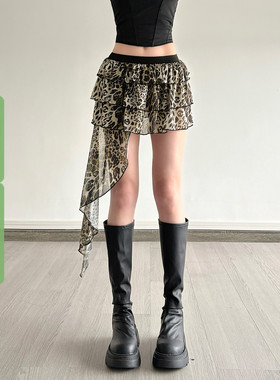 WEEKEEP 辣妹性感豹纹不规则网纱拼接蛋糕裙百搭低腰显瘦蓬蓬短裙