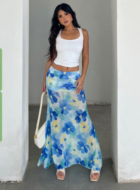 WEEKEEP 度假风蓝色系花朵印花网纱半身裙褶皱包臀鱼尾显瘦长裙
