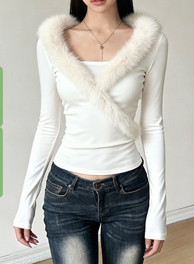 WEEKEEP 纯欲少女白色毛毛拼接V领修身上衣百搭基础收腰长袖T恤