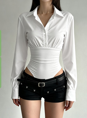 WEEKEEP 简约休闲白色POLO领长袖连体衣百搭修身收腰显瘦衬衫上衣