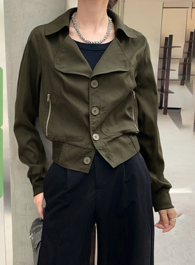 WEEKEEP 街头酷帅工装风翻领排扣长袖外套女军绿色百搭收腰夹克潮