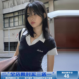 WEEKEEP【放学后】校园风polo领修身小众短袖简约休闲百搭假两件
