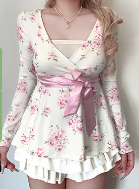 WEEKEEP 法式少女感V领花卉印花绑带收腰长袖T恤百搭A摆显瘦上衣