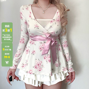 T恤百搭A摆显瘦上衣 少女感V领花卉印花绑带收腰长袖 WEEKEEP 法式