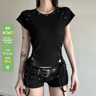 WEEKEEP 收腰上衣 街头暗黑风鸡眼侧边绑带圆领短袖 T恤女百搭修身