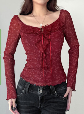 WEEKEEP 复古红色方领碎花荷叶边系带长袖T恤女百搭修身网纱上衣