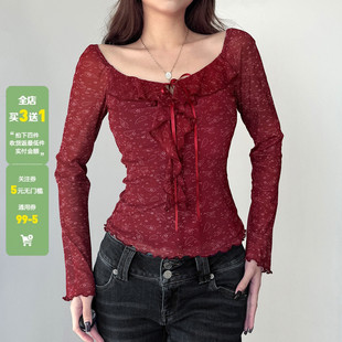 WEEKEEP 复古红色方领碎花荷叶边系带长袖T恤女百搭修身网纱上衣