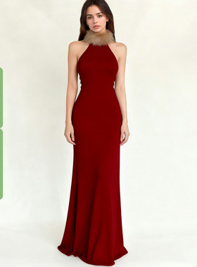 WEEKEEP 复古优雅毛毛拼接镂空无袖连衣裙性感收腰显瘦鱼尾长裙