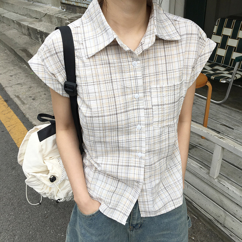 WEEKEEP 学院风百搭格纹排扣翻领短袖衬衫女休闲基础宽松口袋上衣