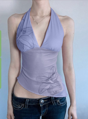 WEEKEEP 度假风V领花卉印花不规则下摆吊带修身挂脖绑带露背背心