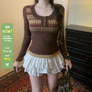 收腰保暖上衣 毛衣女百搭修身 WEEKEEP 小众复古风撞色圆领排扣长袖