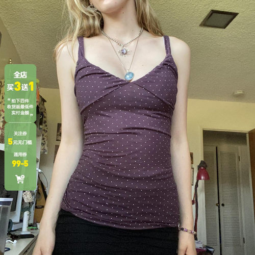 WEEKEEP 古早感辣妹紫色波点V领吊带背心百搭褶皱修身显瘦上衣