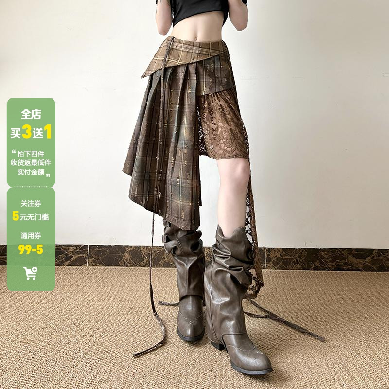 WEEKEEP 流浪风轻亚小众设计不规则格纹蕾丝拼接半身裙显瘦中长裙