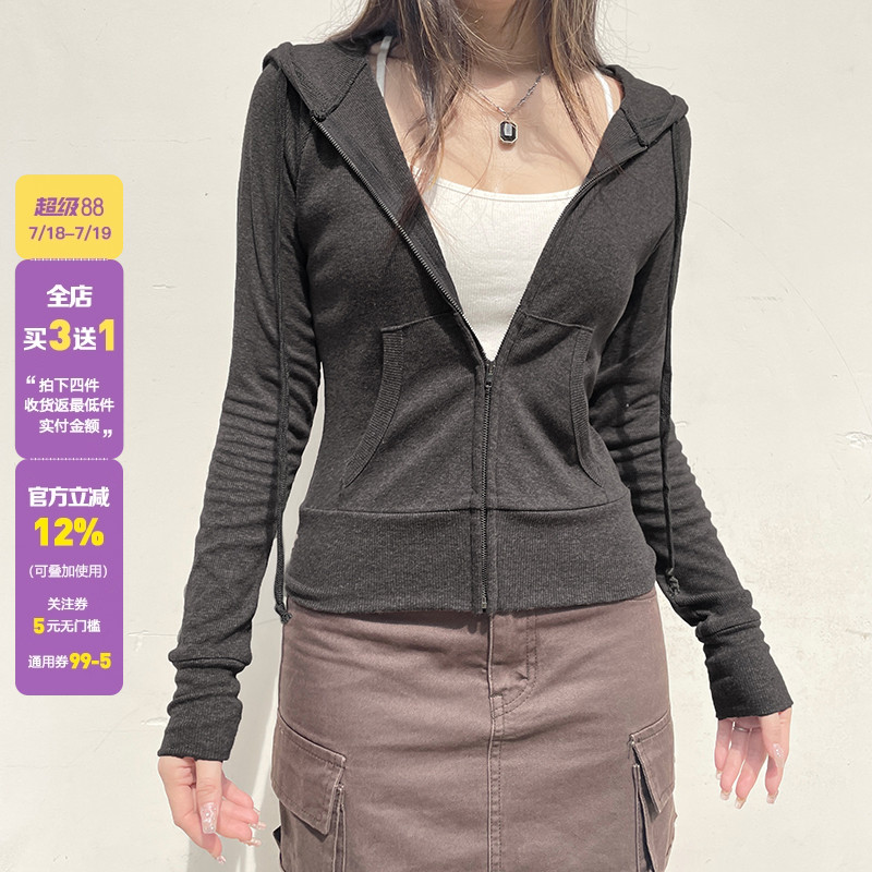 美式休闲灰色拉链连帽开衫卫衣女