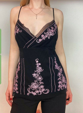 WEEKEEP  复古V领低胸植绒花卉刺绣网纱拼接吊带修身收腰显瘦背心