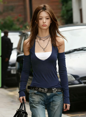 WEEKEEP 千禧风挂脖一字肩撞色拼接假两件长袖T恤女百搭修身上衣