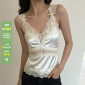 性感V领蕾丝拼接缎面蝴蝶结吊带背心女百搭修身 WEEKEEP 法式 上衣
