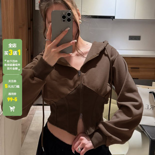 WEEKEEP 街头辣妹分割拼色收腰短款连帽卫衣百搭基础双头拉链外套