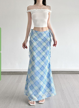 WEEKEEP 夏日清新浅蓝色格纹系带低腰半身裙度假百搭显瘦鱼尾长裙