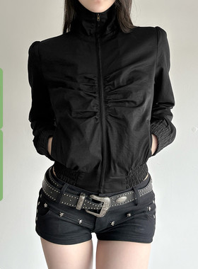 WEEKEEP 黑色工装立领褶皱拉链长袖夹克外套女街头百搭收腰上衣