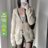 WEEKEEP 慵懒风米白色V领麻花毛织连帽外套女百搭宽松毛衣秋冬