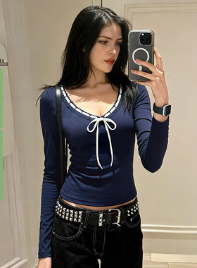 WEEKEEP 甜美少女蕾丝拼接V领系带蝴蝶结长袖T恤百搭修身显瘦上衣