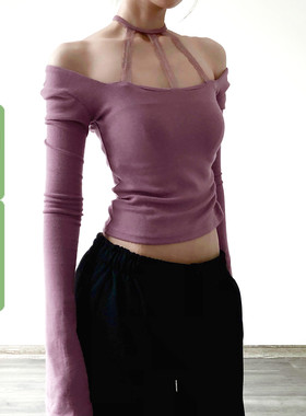 WEEKEEP 紫色韵味蕾丝拼接挂脖长袖T恤女百搭修身一字肩打底上衣