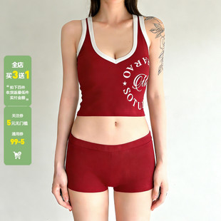 WEEKEEP 美式辣妹撞色字母印花无袖背心休闲低腰紧身包臀短裤套装