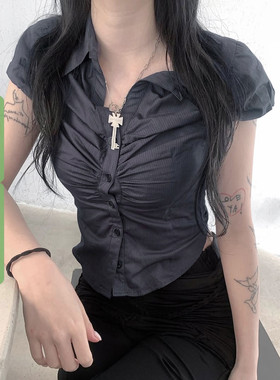 WEEKEEP 灰色条纹褶皱排扣开衫泡泡袖短袖衬衫女百搭收腰显瘦上衣