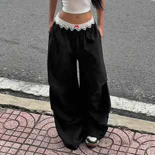 美式 长裤 复古蕾丝花边休闲裤 高腰显瘦直筒阔腿工装 女秋季 WEEKEEP