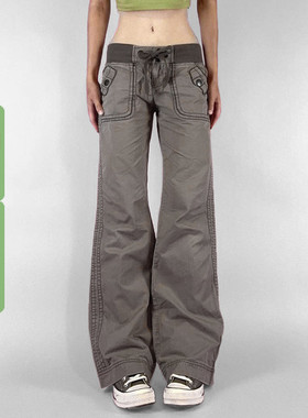 WEEKEEP 灰色复古松紧低腰绑带直筒工装裤女百搭显瘦拖地长裤跳舞