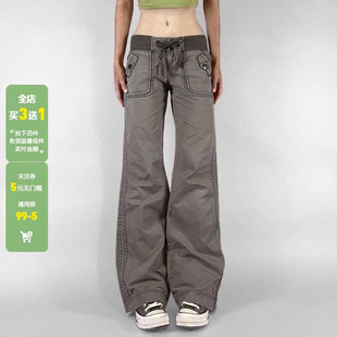 女百搭显瘦拖地长裤 裤 跳舞 灰色复古松紧低腰绑带直筒工装 WEEKEEP