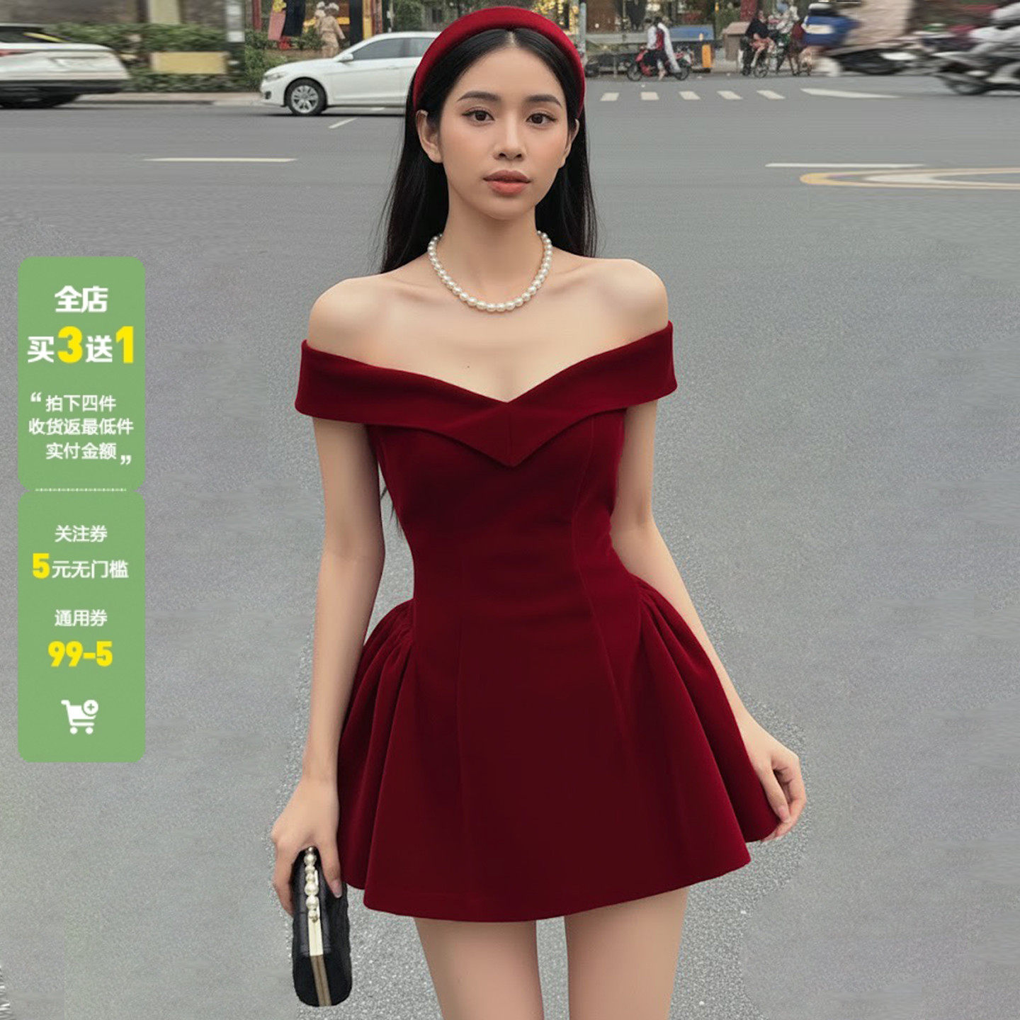 WEEKEEP 圣诞派对红色蝴蝶结一字肩连衣裙高级感收腰显瘦A摆短裙