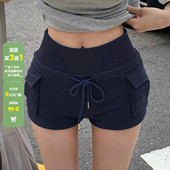 WEEKEEP 包臀休闲裤 街头纯色口袋拼接系带高腰针织短裤 女百搭修身