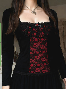WEEKEEP 哥特风黑红撞色蕾丝拼接方领玫瑰长袖T恤女修身显瘦上衣