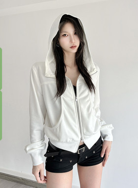 WEEKEEP 简约基础白色兜兜领连帽长袖卫衣百搭修身双头拉链外套秋