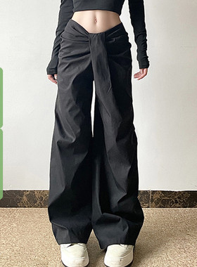 WEEKEEP 纯色小众设计感不规则腰头褶皱休闲裤女低腰直筒宽松长裤