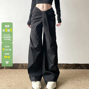 女低腰直筒宽松长裤 WEEKEEP 纯色小众设计感不规则腰头褶皱休闲裤