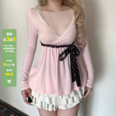 V领蕾丝拼接波点绑带长袖 WEEKEEP 法式 T恤女甜美百搭A摆显瘦上衣