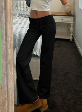 WEEKEEP【奔跑女将】纯色翻腰修身显瘦直筒裤居家外出百搭长裤春