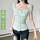 法式 薄荷绿缎面褶皱收腰泡泡袖 T恤女修身 WEEKEEP 显瘦短袖 上衣