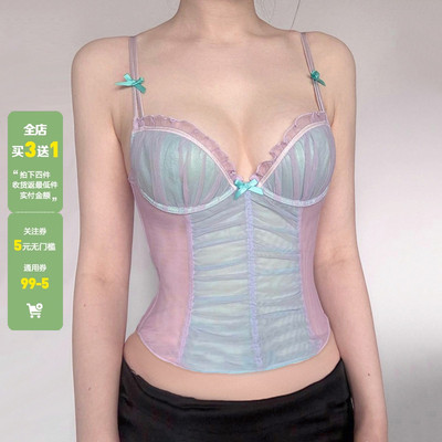 WEEKEEP 纯欲性感撞色网纱拼接胸型吊带背心修身收腰蝴蝶结上衣夏