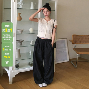 WEEKEEP 百搭基础黑色仿牛仔松紧腰休闲裤 女低腰宽松阔腿显瘦长裤
