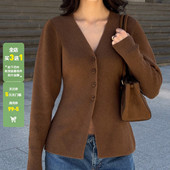 WEEKEEP 外套 开衫 复古简约纯色V领修身 收腰毛衣女百搭单排扣长袖