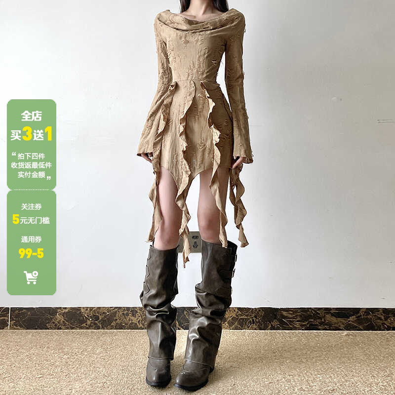 WEEKEEP 废土流浪风不规则做旧轻亚荡领流苏飘带连衣裙短裙子跳舞