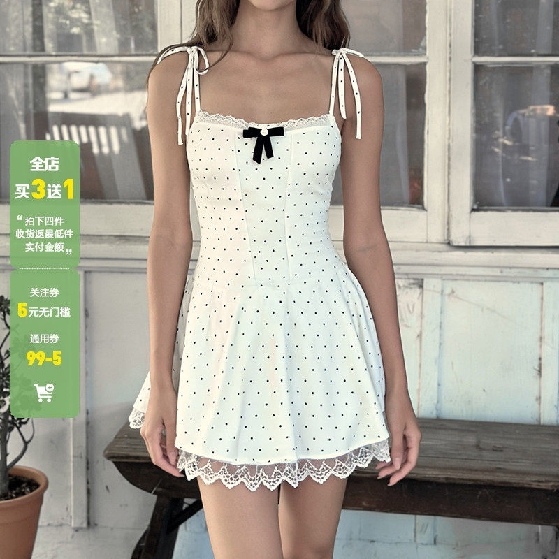 WEEKEEP 法式少女波点蕾丝拼接蝴蝶结吊带连衣裙收腰A摆蓬蓬短裙