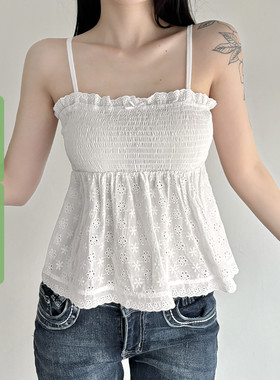 WEEKEEP 少女风白色提花面料镂空打揽A摆吊带辣妹性感显瘦背心