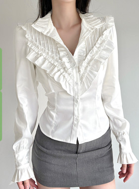 WEEKEEP 宫廷风荷叶边拼接立领长袖衬衫女百搭白色修身收腰上衣