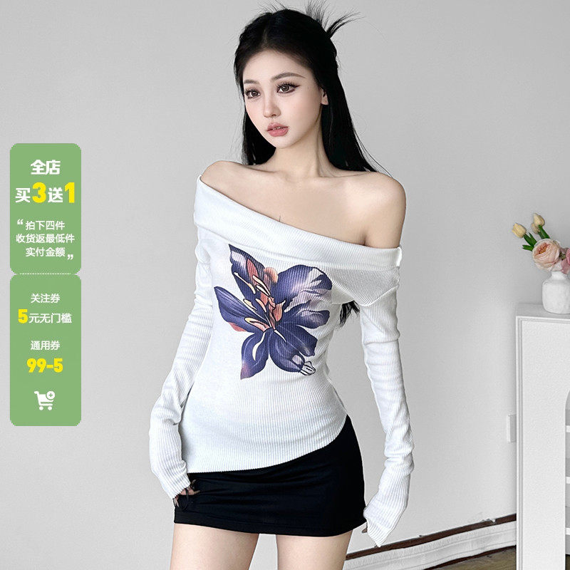 WEEKEEP 温柔风白色一字肩印花长袖T恤显瘦百搭气质修身露腰上衣